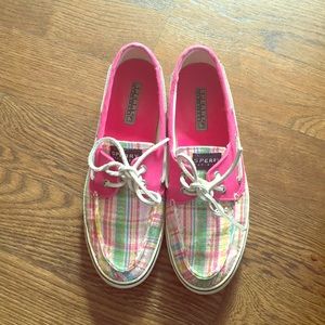 Sperry Bahama Pink Plaid Boat Shoes